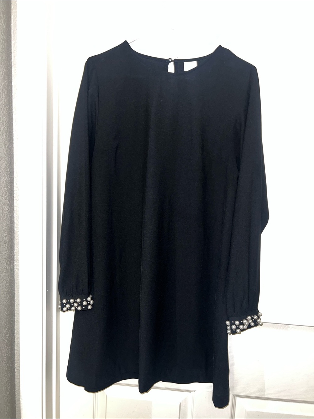 H&M Black Long Sleeve Shift Dress with Pearl-Trim Cuffs